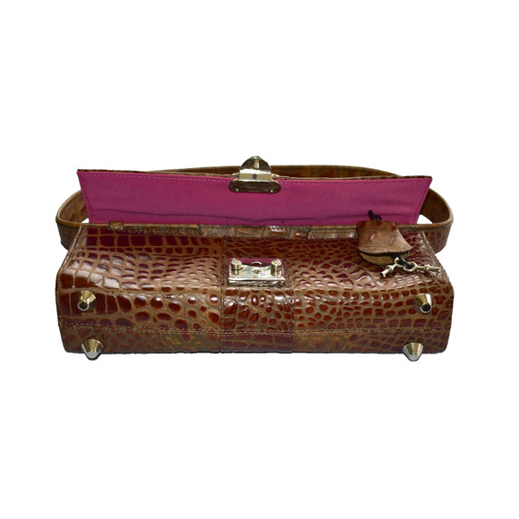 B0 Auth MULHOLLAND Brown Alligator Embossed Leather Push Lock Shoulder Purse Bag - Picture 6 of 7